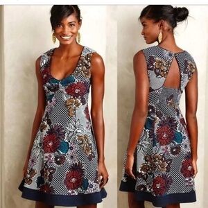 Anthropologie Maeve Lissa Twill Floral Fit & Flare Dress Back Cutout Size Medium
